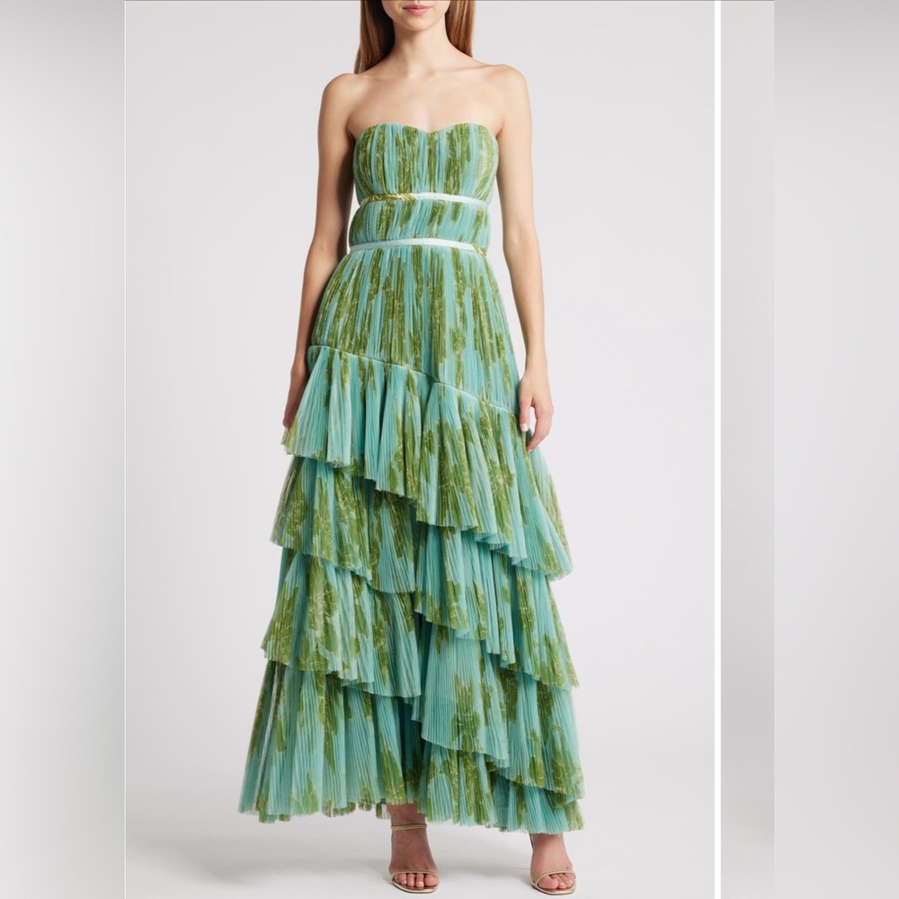 Anthropologie Hutch Lanza Strapless Tiered Ruffle Maxi Dress 6 new GREEN color